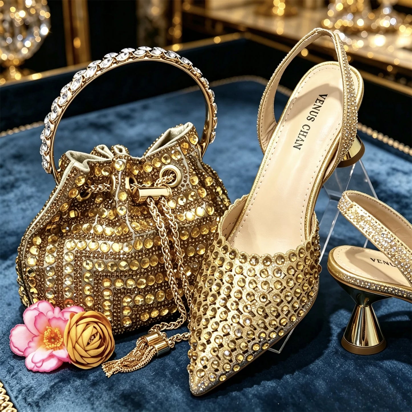 Elegant Multicolor Rhinestone Slingback Heels & Bucket Bag Set Luxury Crystal Matching Kit for Wedding Party Evening Bridal Form