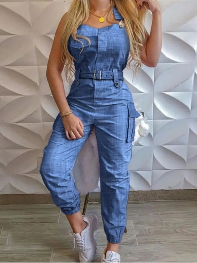 Fashion Pocket Jumpsuit Women Loose Dungarees Long Rompers Summer Solid Pockets Cargo Pants Female Casual Work Out Playsuits