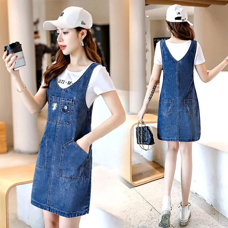 Denim Rompers Women Summer Baggy Solid Suspender Jeans Student Jeans Jumpsuit Korean Style Casual Denim Shorts Strap Dresses