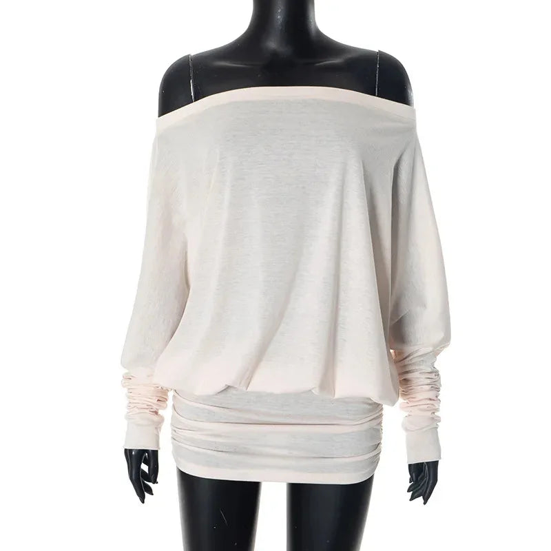 Newly designed niche shoulder long sleeved T-shirt daily high street chiffon women irregular and unique sexy slanted shoulder