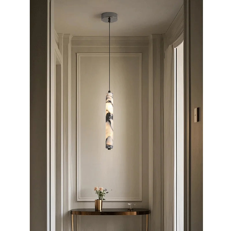 Luxury Black Cylinder Natural Stone Pendant Lamp High-end Bedside LED Chandelier Living Room Decoration Home Hanging Lights