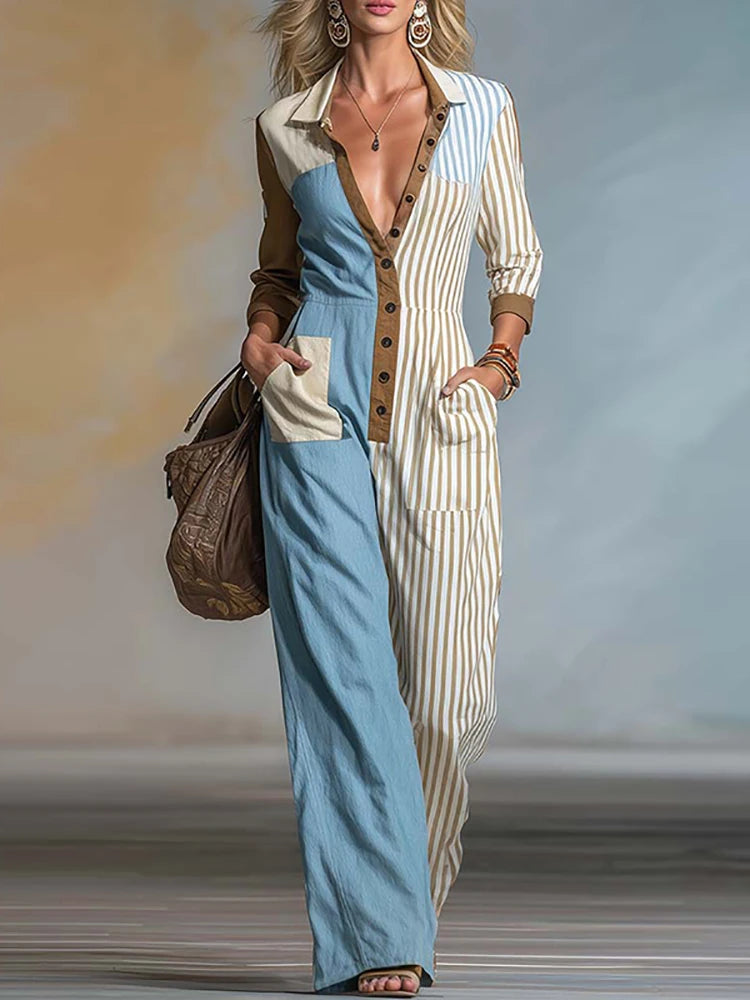Contrasting Color Plaid Splic Denim Jumpsuit Fashion Lapel Hight Waist Loose Playsuits Women Elegant Button Long Sleeve Rompers