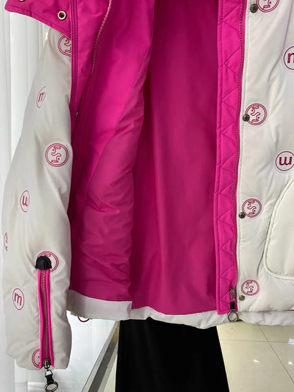 Bright Printed Down Jacket Fashion Hooded Color Block Short Jackets Winter Wash Free Loose Thick 90 White Duck Puffer Coat Women