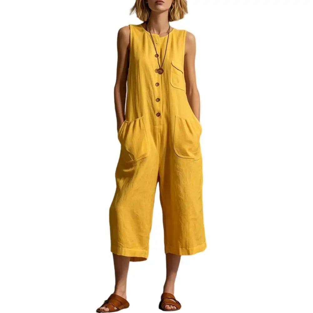 Women Summer Tank Jumpsuit Sleeveless Button Down Cropped Rompers Loose Wide-Leg Overall Pockets Hot Sale