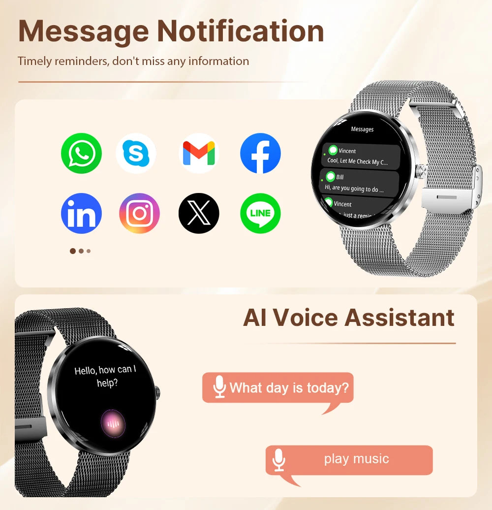 MEVADEN 8.5mm Ultra-thin Luxury Stainless Steel Smart Watch Women 1.43" AMOLED HD Screen Health Monitor Sport Smartwatch H33