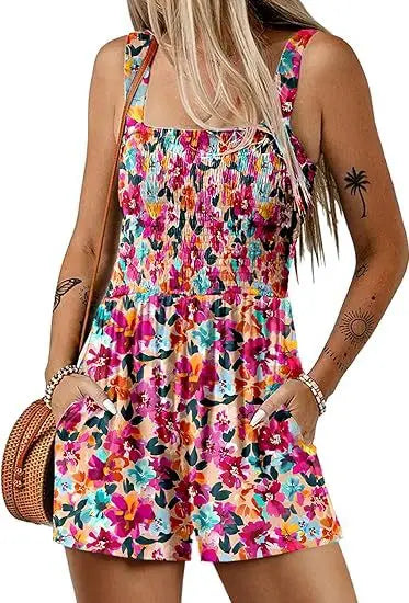 Femmes Print Jumpsuit Fashion Boho Beach Party Jumpsuits Lady Casual Sleeveless Pockets High Waist Shorts Jumpsuits Summer New