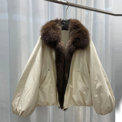 Women Winter Fox Fur Collar Short Puffer Jacket White Duck Down Thick Warm Loose Fit Parka Luxury Fashion Casual Outerwear Coat