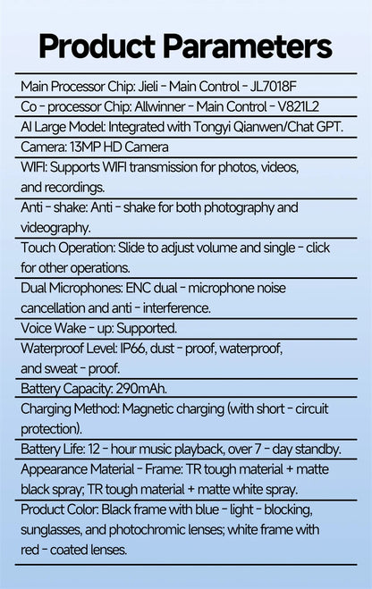 Smart Glasses 13MP HD Camera 4K Video Antishake Recording AI Translation Bluetooth Call Music Photo Recognition Sport Sunglasses