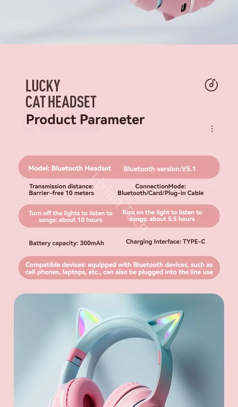 GRB Glow Gaming Headset Gamer Stereo Bass Cat Ear Wireless Earpods Bluetooth Earphones TYPE-C Cable Headphones Blutooth Handfree