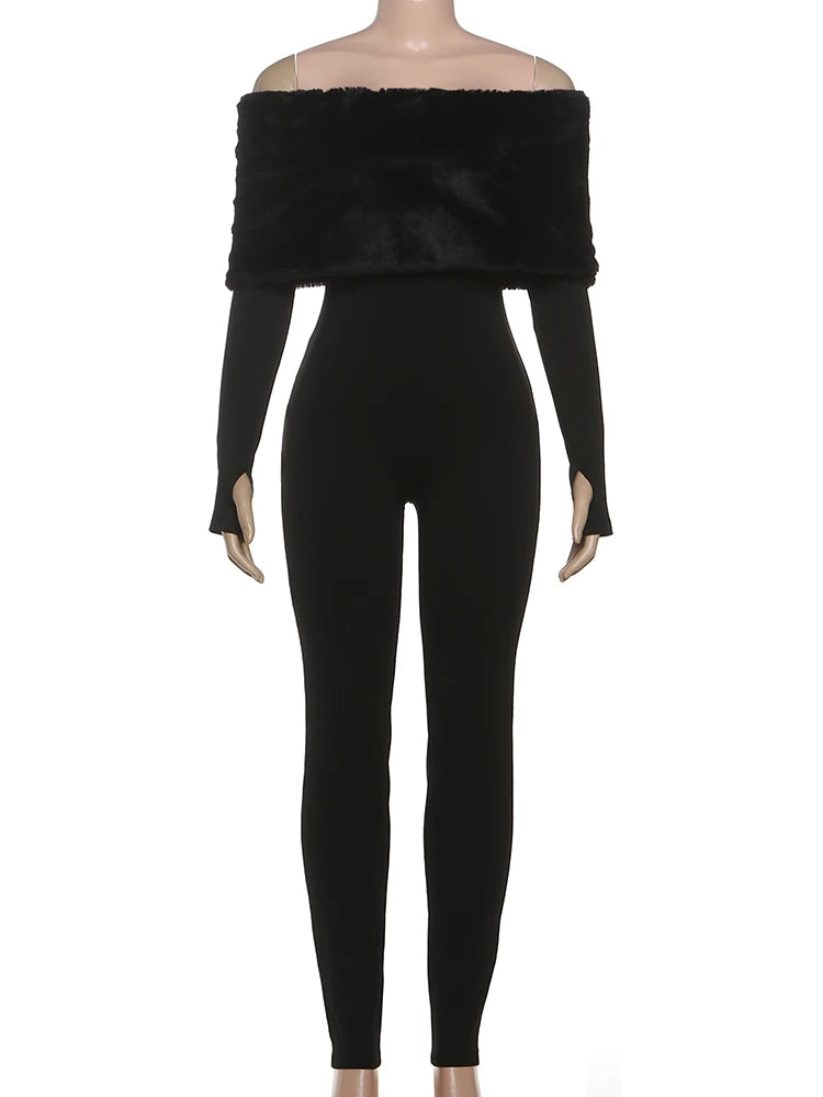 Nibber Winter Furry Patchwork Jumpsuits Women Slash Neck Full Sleeve Sexy Simple Stretch Skinny Street Hipster Club Overalls