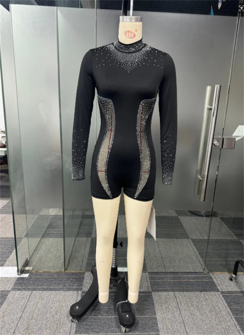 Sheer Mesh Patchwork Rhinestone Rompers for Women Jumpsuit Shorts Skinny Elastic Long Sleeve Playsuit Club Party Birthday Outfit
