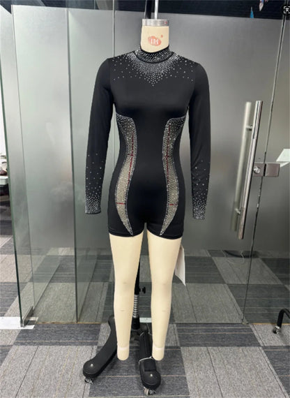 Sheer Mesh Patchwork Rhinestone Rompers for Women Jumpsuit Shorts Skinny Elastic Long Sleeve Playsuit Club Party Birthday Outfit