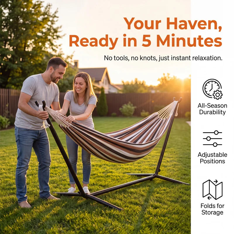 Collapsible Steel-Frame Striped Hammock—Outdoor/Indoor Hammock with a Sturdy Steel Frame, Perfect for Camping, Patios, Balconies, and Backyards—Portable Hammock, Hammock with Stand, Bedroom Hammock, Living Room Hammock, P