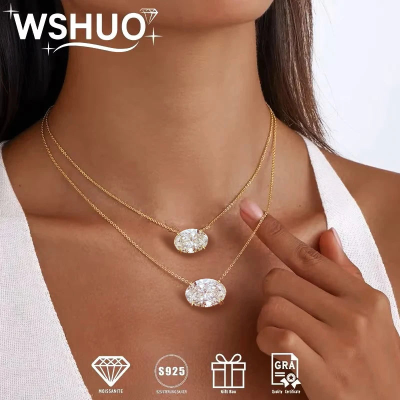 WSHUO 1/2/3carat East West Set Oval Cut Solitaire Moissanite Diamond Pendant Necklaces for Women Adjustable Stackable Neck Chain