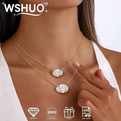 WSHUO 1/2/3carat East West Set Oval Cut Solitaire Moissanite Diamond Pendant Necklaces for Women Adjustable Stackable Neck Chain
