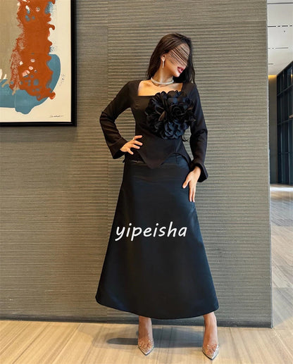 Customized Jersey Flower Ruched Celebrity A-line Square Neck Bespoke Occasion Gown Midi Dresses