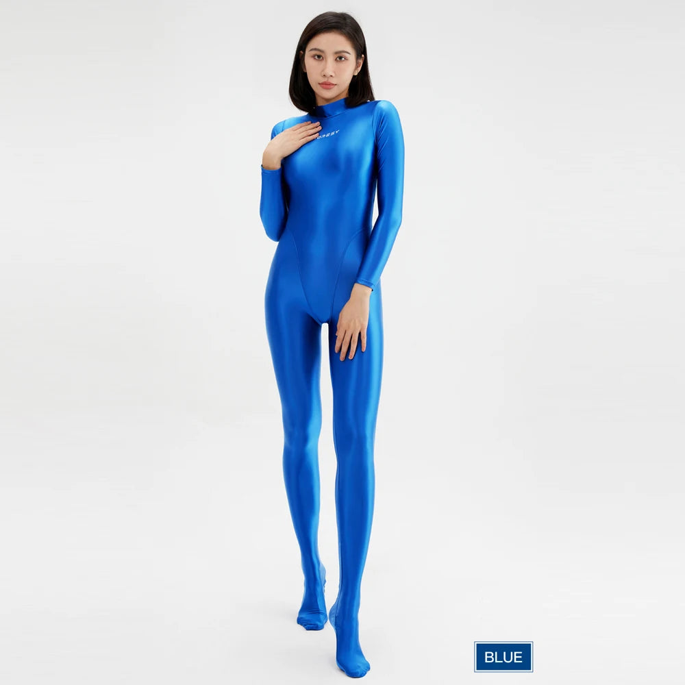 2023 AMORESY Women's Catsuit Playsuits Wetlook Shiny Glossy Tights Zipper Leotards Fullbody Overall Zentai Jumpsuits