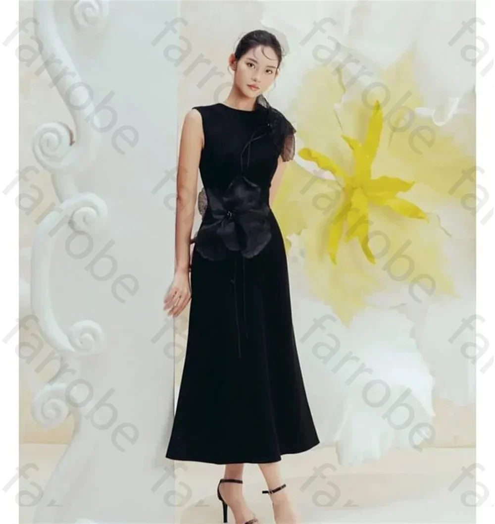 Customized Black Exquisite Evening Dress Flower Beading Ruched A-line Sleeveless Bespoke Occasion Gown Midi Dresses Party Gowns