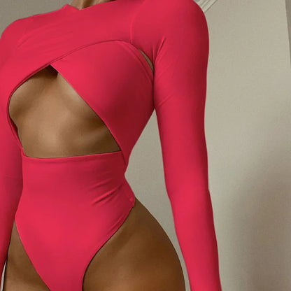 Summer New Women's Jumpsuit Solid Color Cross Hollow Long Sleeve Revealed Waist Slimming Smooths Your Silhouette