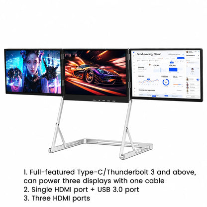 Sibolan 16 inch 2.5K Three Screen Portable Monitor 60Hz 100% sRGB Metal Body HDMI USB-C Laptop Display Extender For Wins mac OS