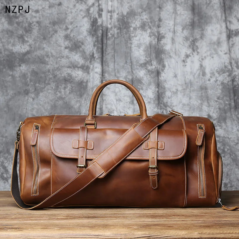 Vintage Genuine Leather Men's Travel Bag Crazy Horse Leather Duffel Bag Large Capacity Top-Layer Cowhide Handbag Crossbody NZPJ