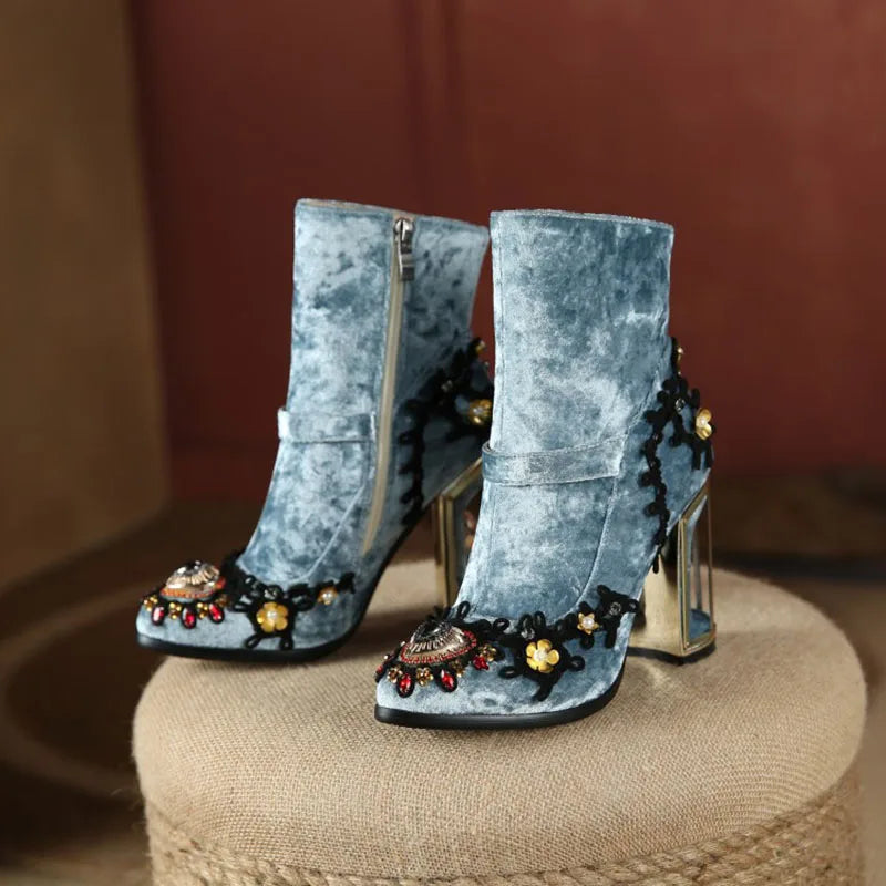 Blue Ladies Party Shoes Velvet Crystal Women's Short Boots For Wedding Plus Size Retro Strange Heels Phoentin FT1671-1