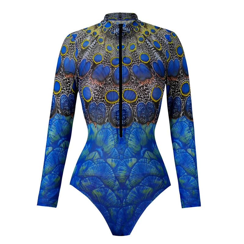 2025 Women's Rash Guard Swimwear One Piece Long Sleeve Women XXL Mesh Swimsuit Removable Chest Pad Sports Bathing Padded Ladies
