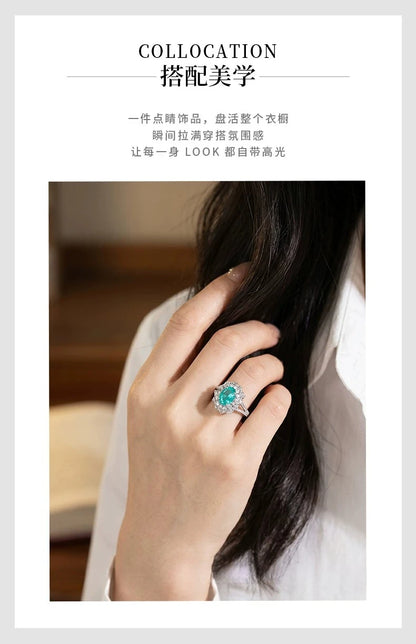 S925 Silver Ring 2ct Neon Blue Green Zircon Ring Double Layer Surrounding Luxury Women's Jewelry