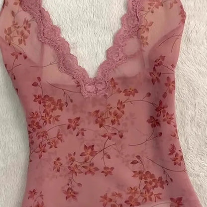 Summer Woman Floral Halter Lace Blouse Vintage Sexy Slim Fairy Korean Fashion Female Tops Outfits Elegant Style Camisole Vest