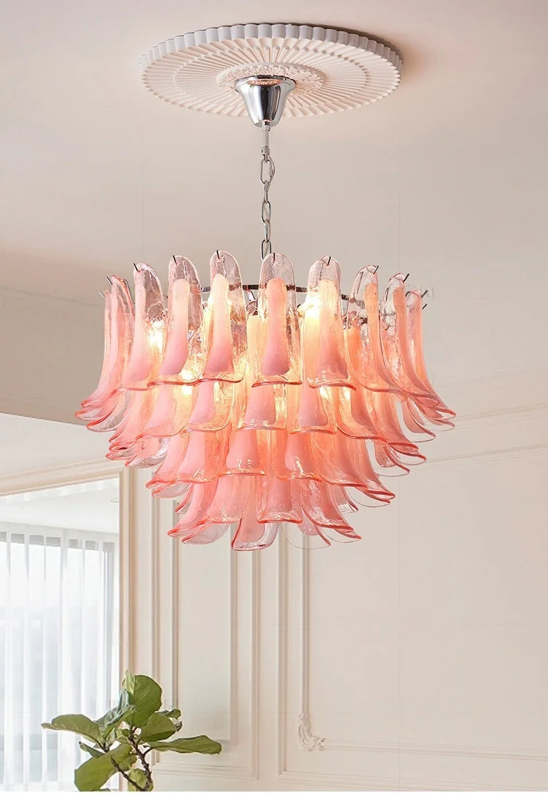 French Murano Petal Glass Chandelier Dining Table Living Room Antique Style Pink Petal Glass Pendant Chandelier Lights Bedroom