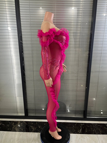 Luxury Rhinestone Mesh Bodysuit Ruffle Frill and Asymmetrical Design Formal Events Photoshoots Stage Performance Party Outfit