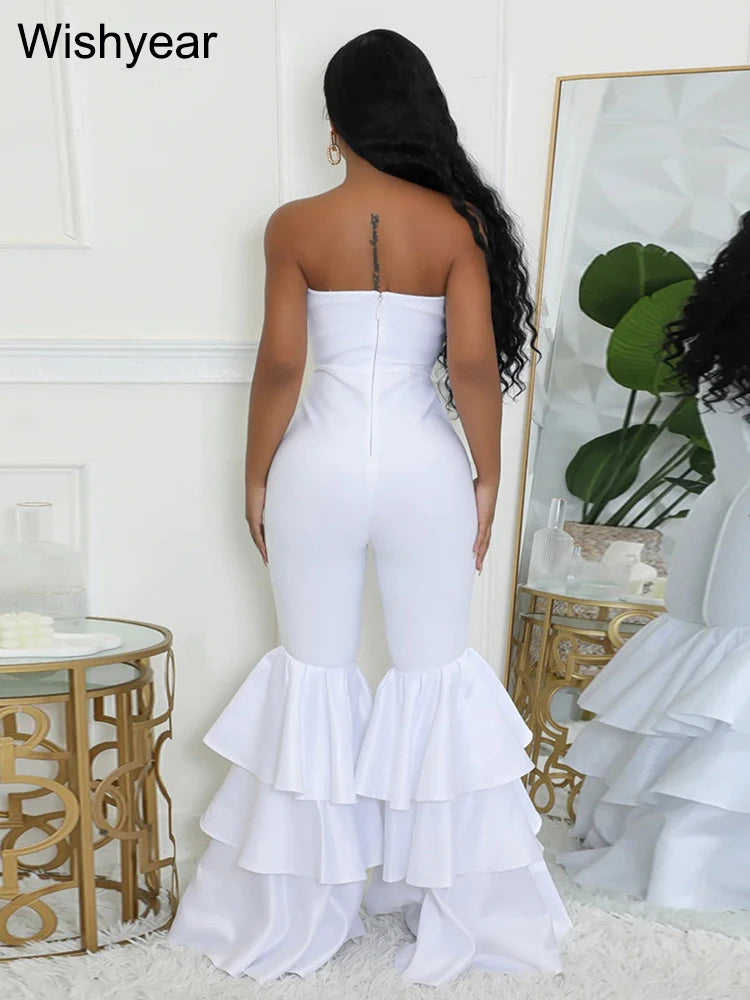 New One Pieces Jumpsuits Women Black Strapless Sleeveless Sexy Rompers Slim Fit Long Ruffles Flare Pant Night Club Even Overalls