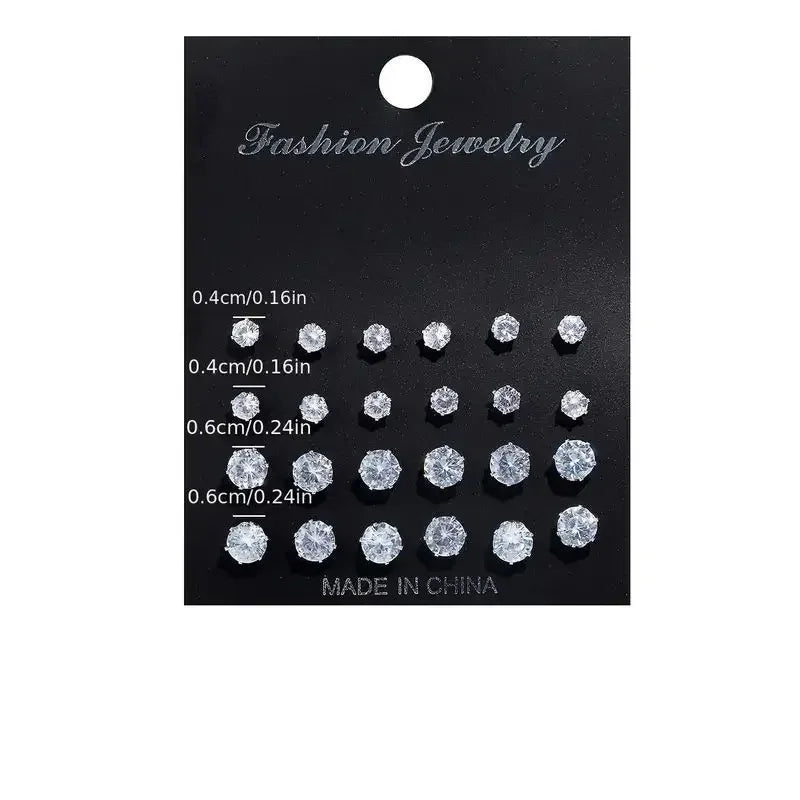 Maximum 36 Pairs Shiny Zircon Stud Earrings Set for Women Men Daily Versatile Chic Silver Color Crystal Ear Jewelry Accessories