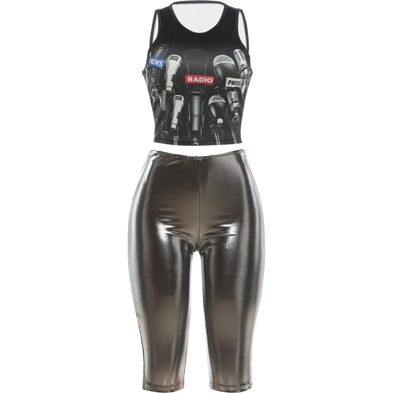 Kliou Mic Print 2 Piece Set Woman Summer Trend o-Neck Sleeveless Crop Tops+Skinny Wrap Hip Shorts High Street Sexy Fashion Suits