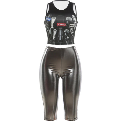 Kliou Mic Print 2 Piece Set Woman Summer Trend o-Neck Sleeveless Crop Tops+Skinny Wrap Hip Shorts High Street Sexy Fashion Suits