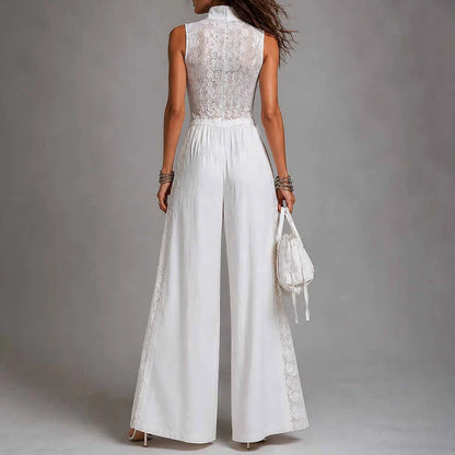 Casual Sleeveless Wide Leg Pant Playsuits Women's Elegant Lace Splicing Long Jumpsuits Fashion Stand Collar Zipper Solid Romper