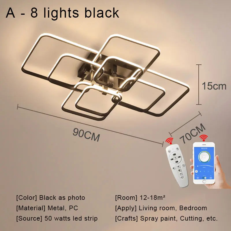 Modern Square LED Ceiling Chandelier with Remote Control Dimmable Light Fixture for Living Room Bedroom Dining Home Decor Lamp