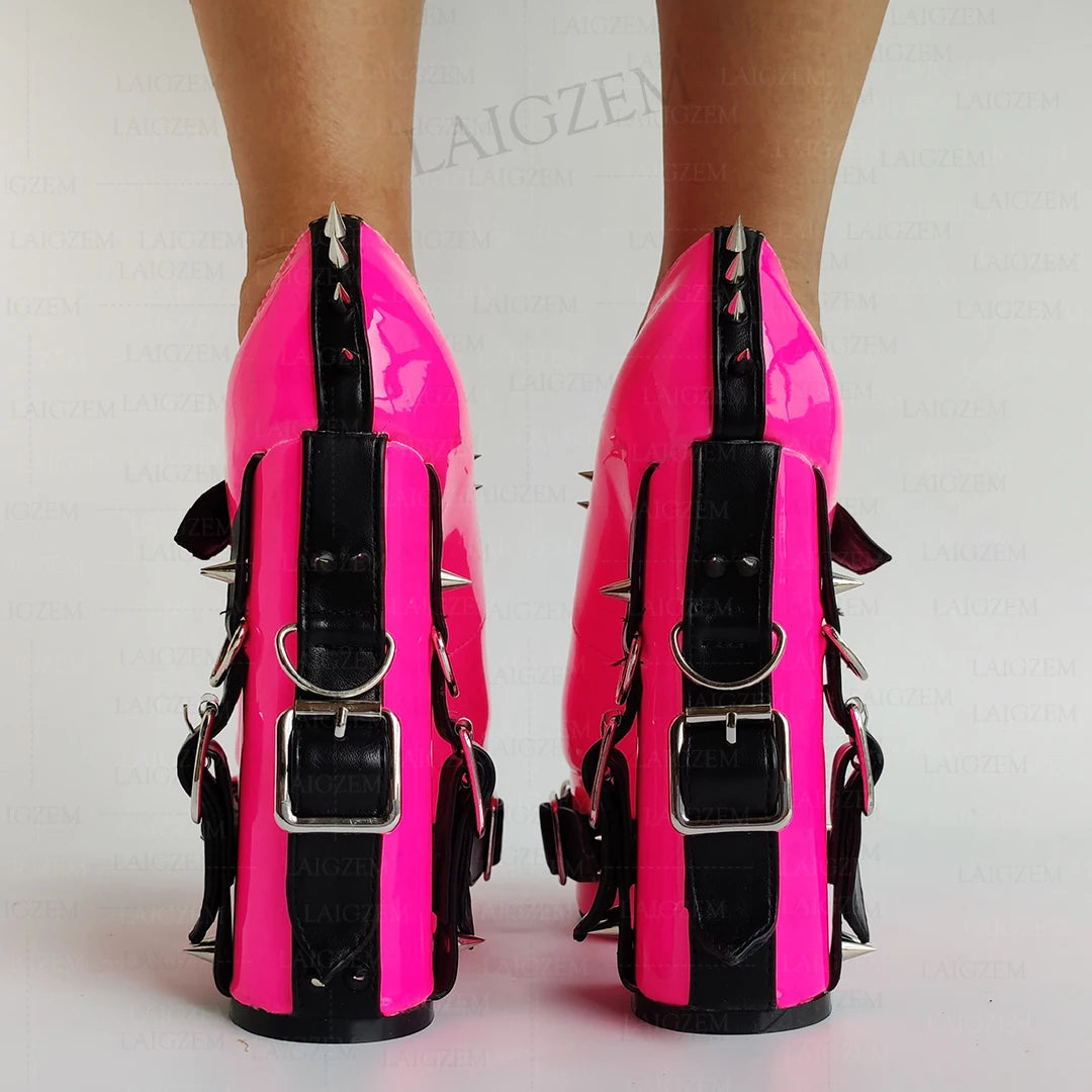 LAIGZEM Women Pumps Punk Rivets Patchwork Platform Cosplay Gothic Sandals Handmade Buckle Straps Shoes Woman Big Size 39 43 52
