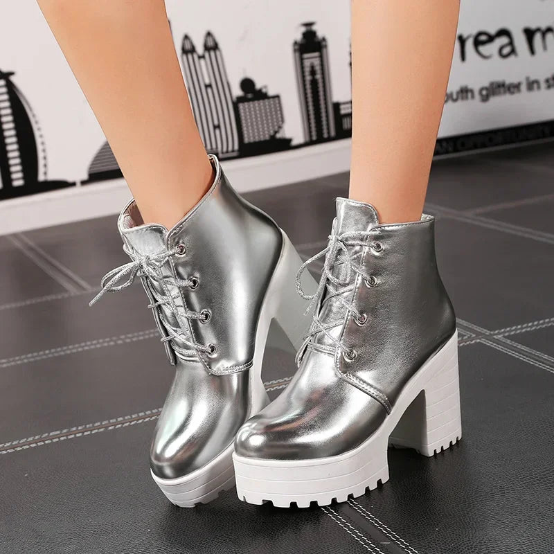 British Silver Gold Ankle Boots Women High Chunky Heels Dress Lady Round Toe Lace-up Spring Autumn Vintage Platform Short Boots