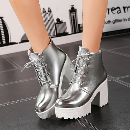 British Silver Gold Ankle Boots Women High Chunky Heels Dress Lady Round Toe Lace-up Spring Autumn Vintage Platform Short Boots