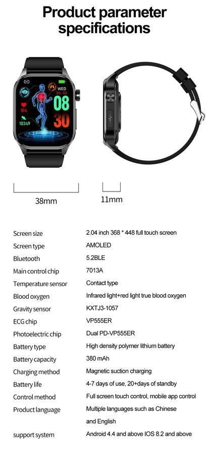 ET580 Smart Watch Men 2.04inch AMOLED Large Screen Bluetooth Call ECG Blood Pressure Oxygen Health Monitor SOS Smartwatch