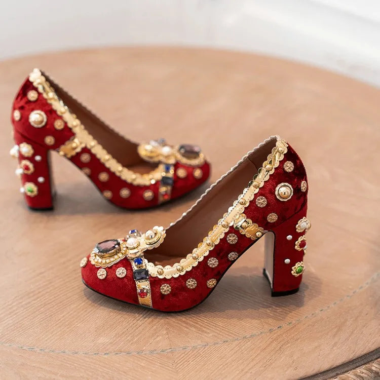 Purple Velvets Women Shallow Pumps Round Toe Crystal Gold Decorations Chunky High Heels 10cm Wine Red Prom Party Creepers Sapato