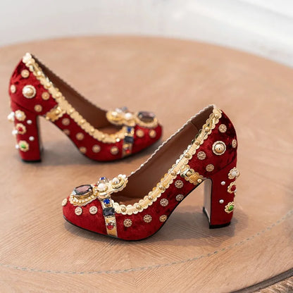 Purple Velvets Women Shallow Pumps Round Toe Crystal Gold Decorations Chunky High Heels 10cm Wine Red Prom Party Creepers Sapato