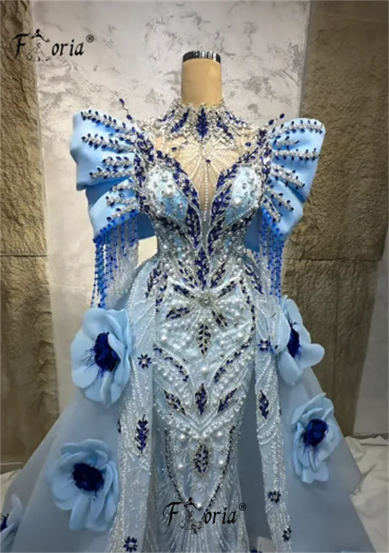 Exquisite Beads Pearl Women's Evening Dresses with Detachable Train Blue Dubai 3D Flowers Appliques Wedding Gowns Couture Party