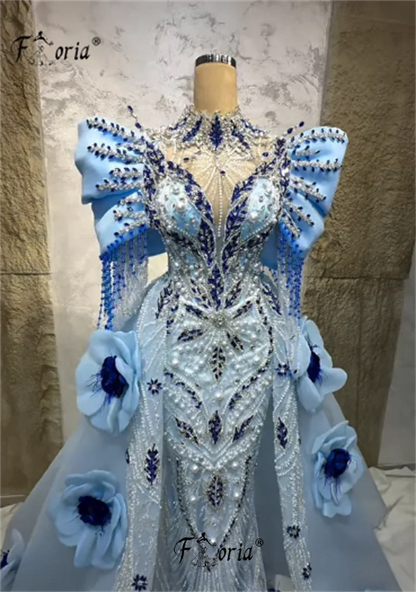 Exquisite Beads Pearl Women's Evening Dresses with Detachable Train Blue Dubai 3D Flowers Appliques Wedding Gowns Couture Party