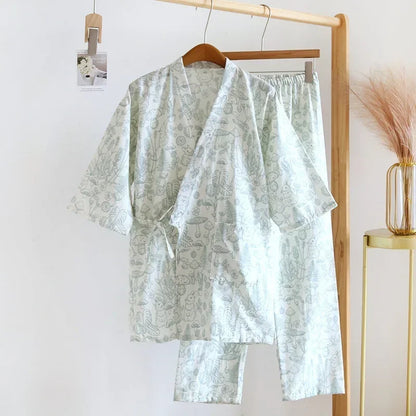 2026 new seven-sleeve Japanese-style kimono pajamas set female spring and autumn 100% cotton gauze home clothes cute sweet two-p
