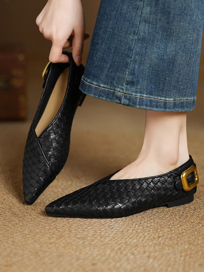 NEW 2025 Trend Genuine Leather Splicing Women Flats Spring Autumn Pattern Flat Shoes Lady Leopard Pointed Toe Buckle Style Shoes