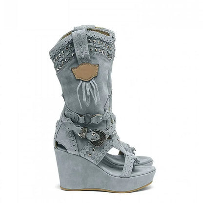 Zipper Shoes Boots Women New 2025 Round Toe Large Size Elegant Wedge Cowboy Ladies High Heel Shallow PU Canvas Casual Fabric Sol
