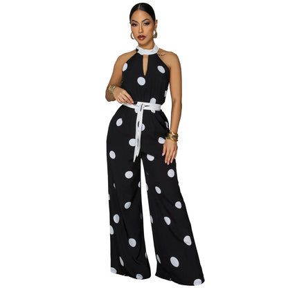 HLJ Retro Polka Dot Printting Bodycon Jumpsuit Women Halter Sleeveless Backless Rompers Casual Vacation Party Ladies Outfits New