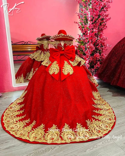 Red Flower Girl Dress Velvet Gold Lace Embroidery Floor Length Gown Wedding Pageant Cultural Formal Gowns Customized